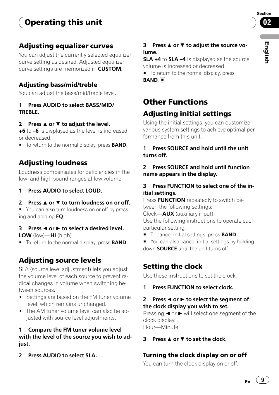 Adjusting equalizer curves 9, Adjusting loudness 9, Adjusting source levels 9 | Other functions, Adjusting initial settings 9, Setting the clock 9, Operating this unit, Adjusting equalizer curves, Adjusting loudness, Adjusting source levels | Pioneer DEH-9 User Manual | Page 9 / 39