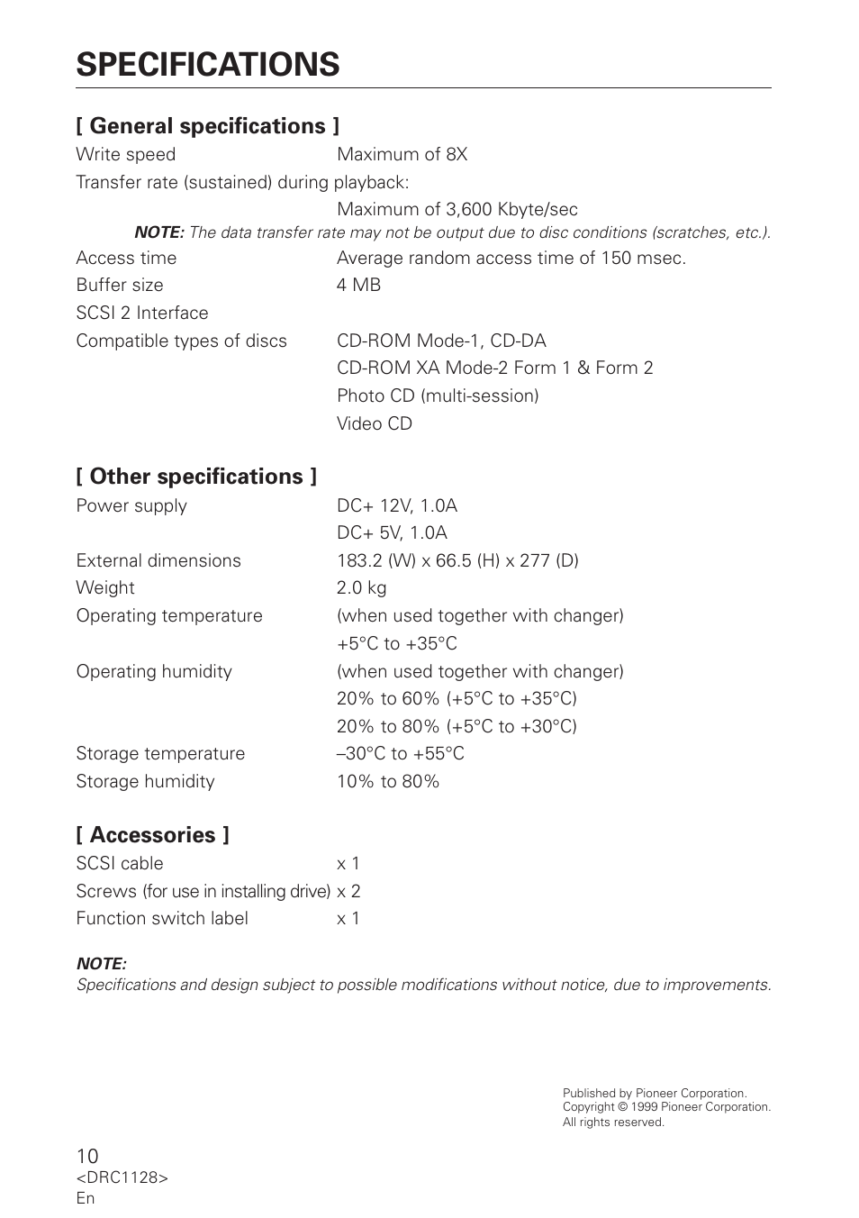 Specifications, General specifications, Other specifications | Accessories | Pioneer DR-R102 User Manual | Page 10 / 32