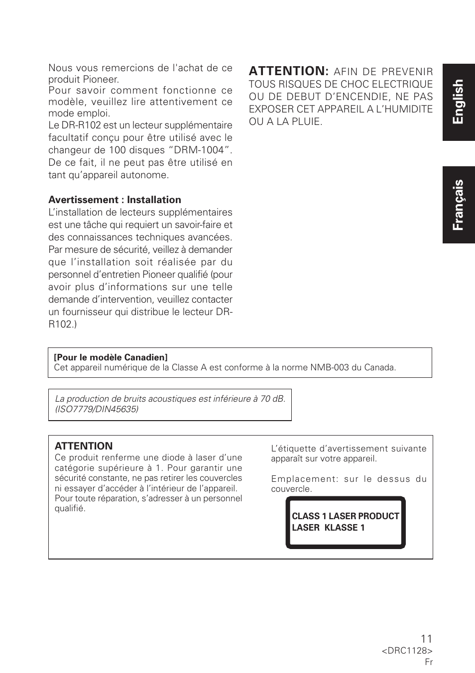 English français, Attention | Pioneer DR-R102 User Manual | Page 11 / 32