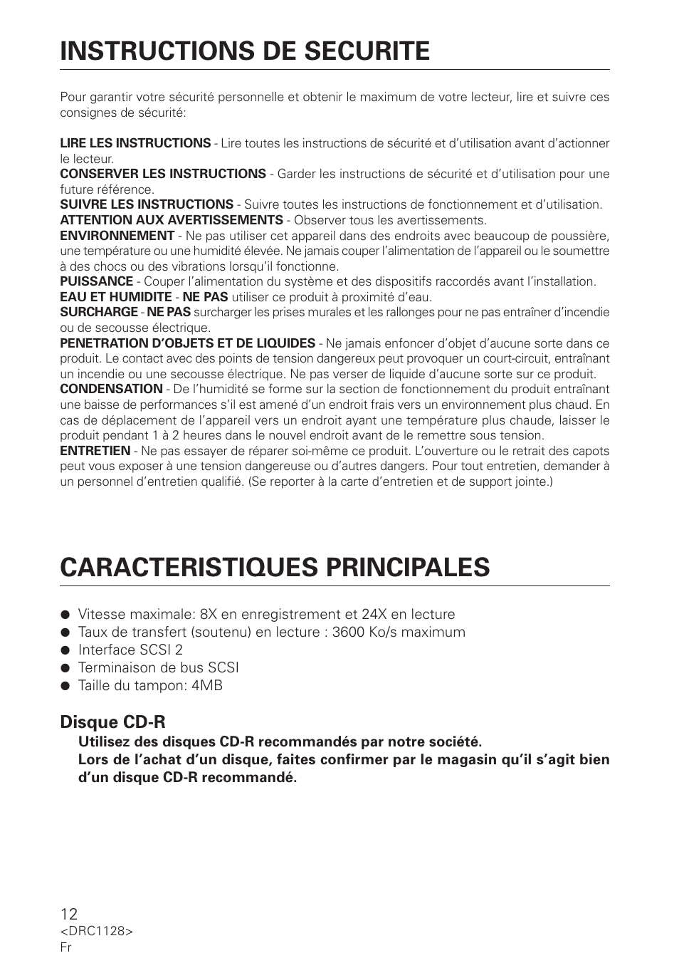 Instructions de securite, Caracteristiques principales | Pioneer DR-R102 User Manual | Page 12 / 32