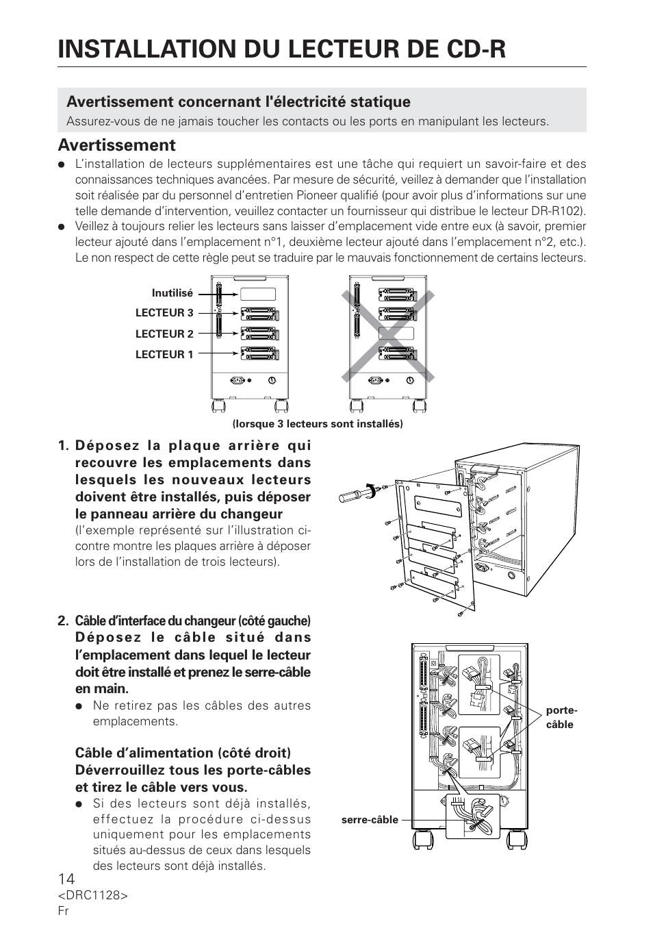 Installation du lecteur de cd-r, Avertissement, Avertissement concernant l'électricité statique | Pioneer DR-R102 User Manual | Page 14 / 32