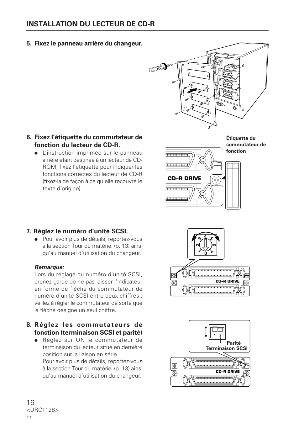 Installation du lecteur de cd-r, Réglez le numéro d’unité scsi | Pioneer DR-R102 User Manual | Page 16 / 32