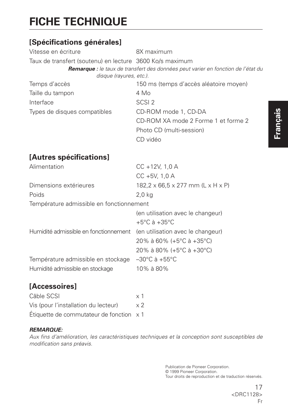 Fiche technique, Français, Spécifications générales | Autres spécifications, Accessoires | Pioneer DR-R102 User Manual | Page 17 / 32