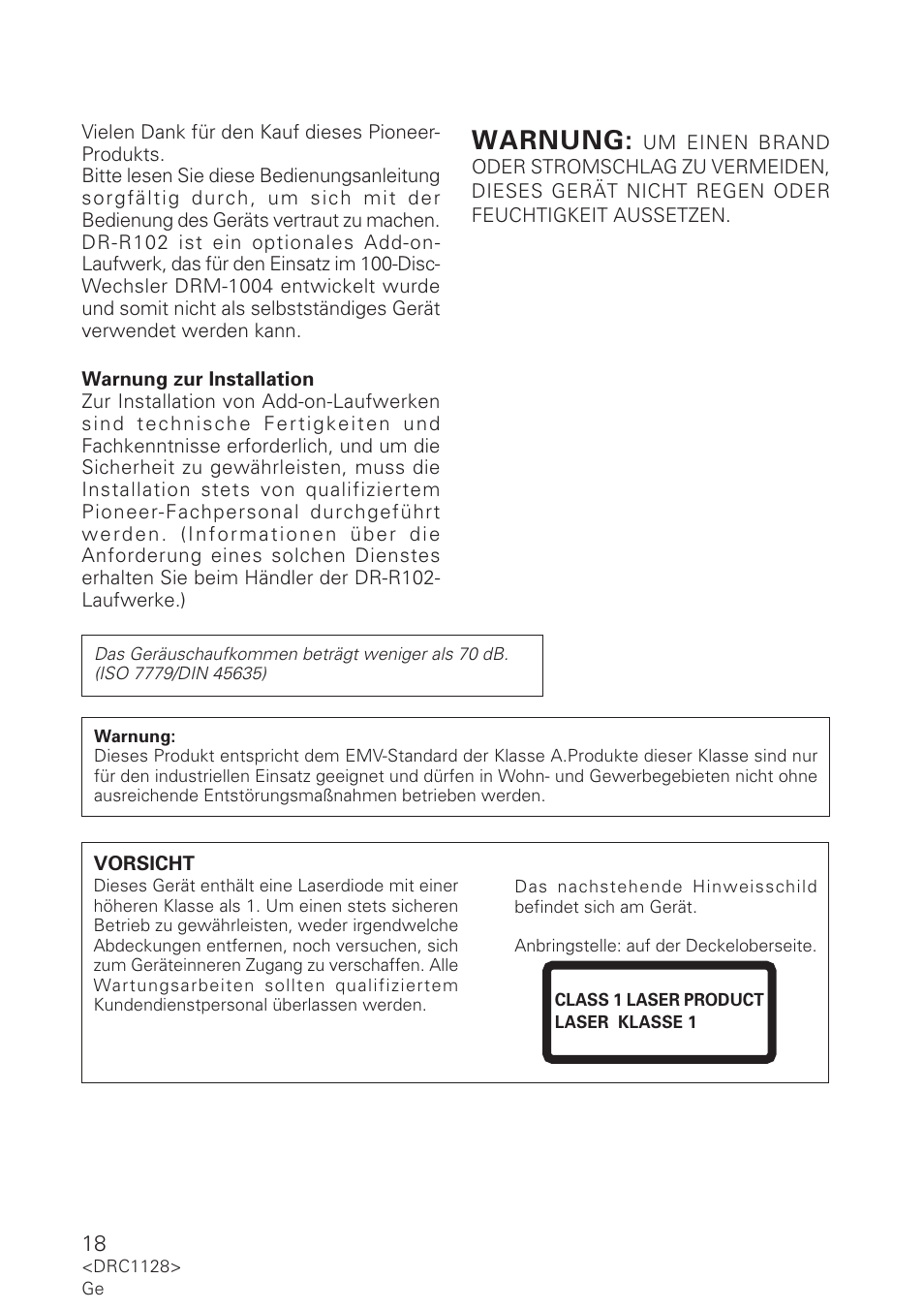 Warnung | Pioneer DR-R102 User Manual | Page 18 / 32