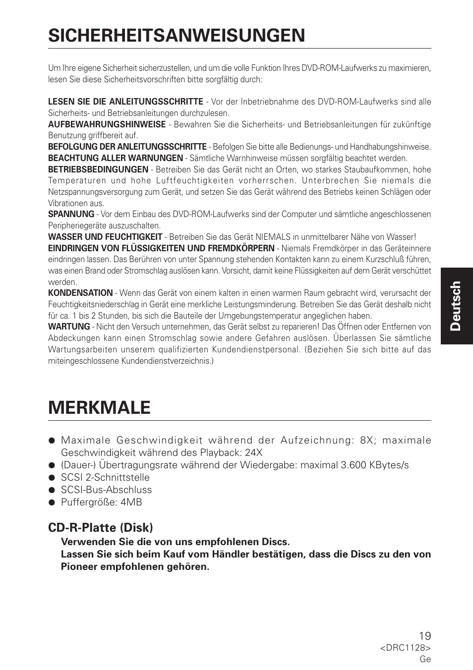 Sicherheitsanweisungen merkmale, Deutsch | Pioneer DR-R102 User Manual | Page 19 / 32