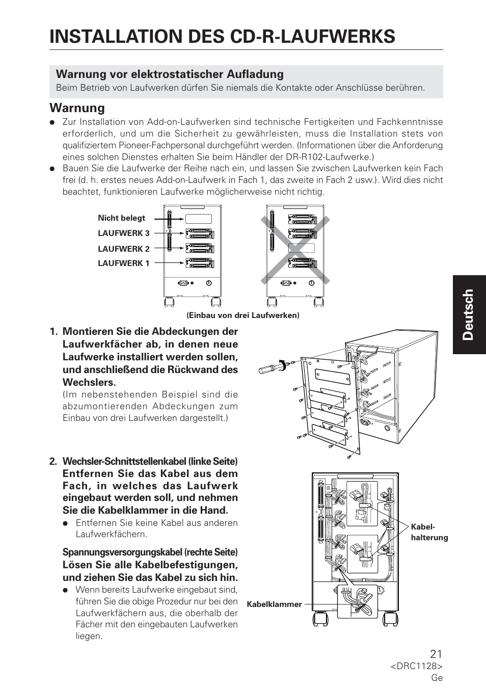 Installation des cd-r-laufwerks, Deutsch, Warnung | Warnung vor elektrostatischer aufladung | Pioneer DR-R102 User Manual | Page 21 / 32