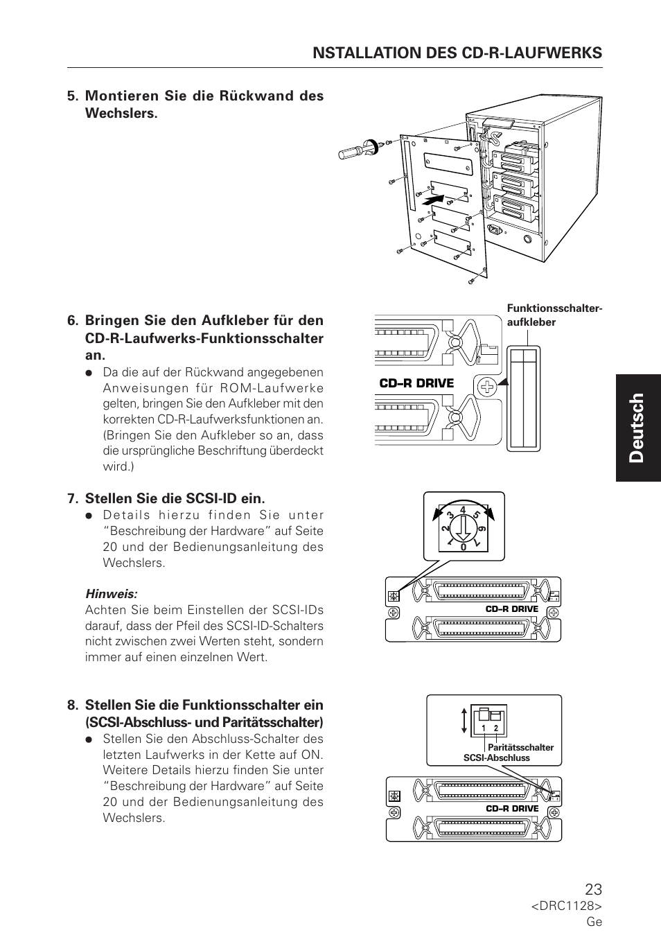 Deutsch, Nstallation des cd-r-laufwerks, Stellen sie die scsi-id ein | Pioneer DR-R102 User Manual | Page 23 / 32