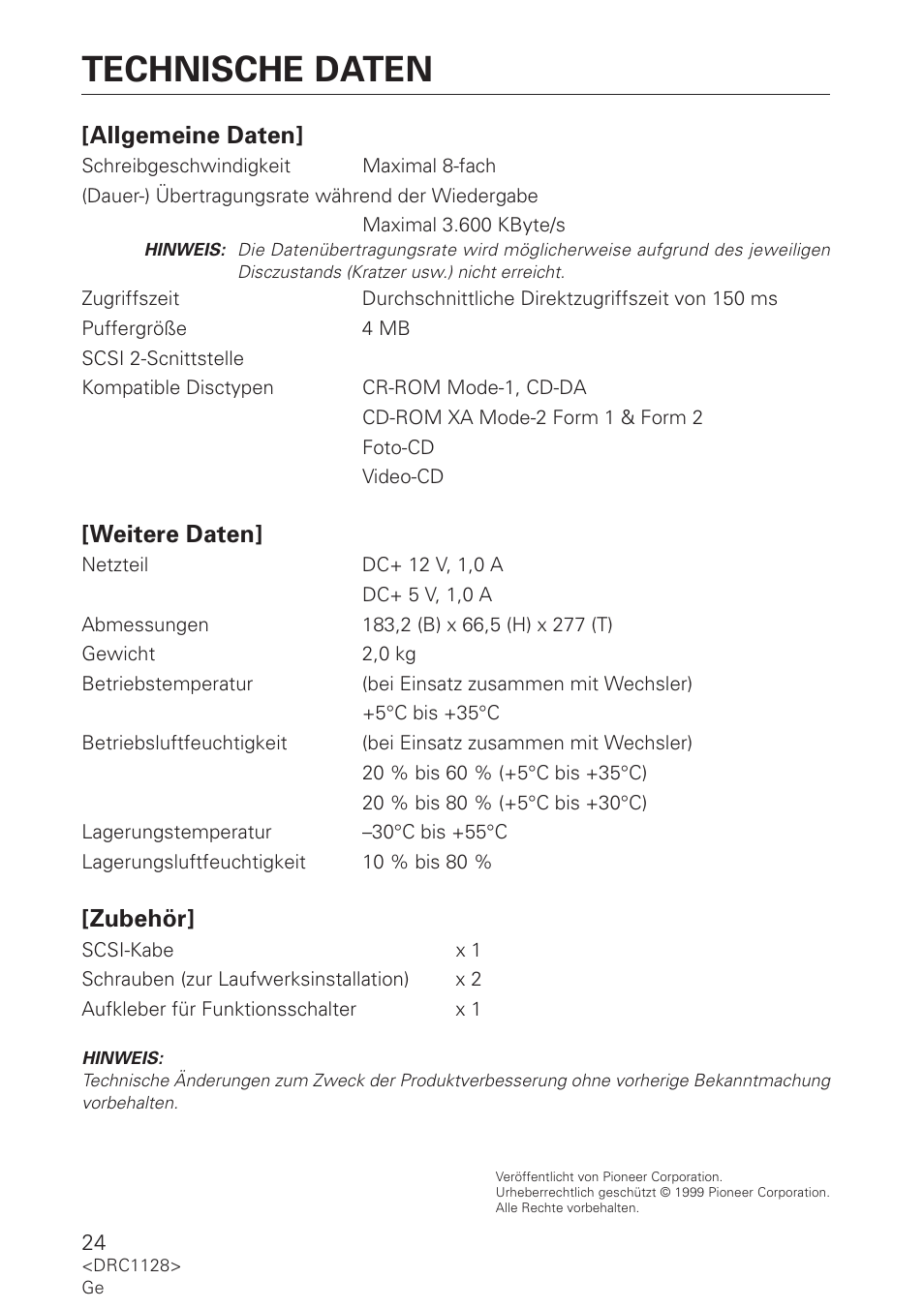 Technische daten, Allgemeine daten, Weitere daten | Zubehör | Pioneer DR-R102 User Manual | Page 24 / 32