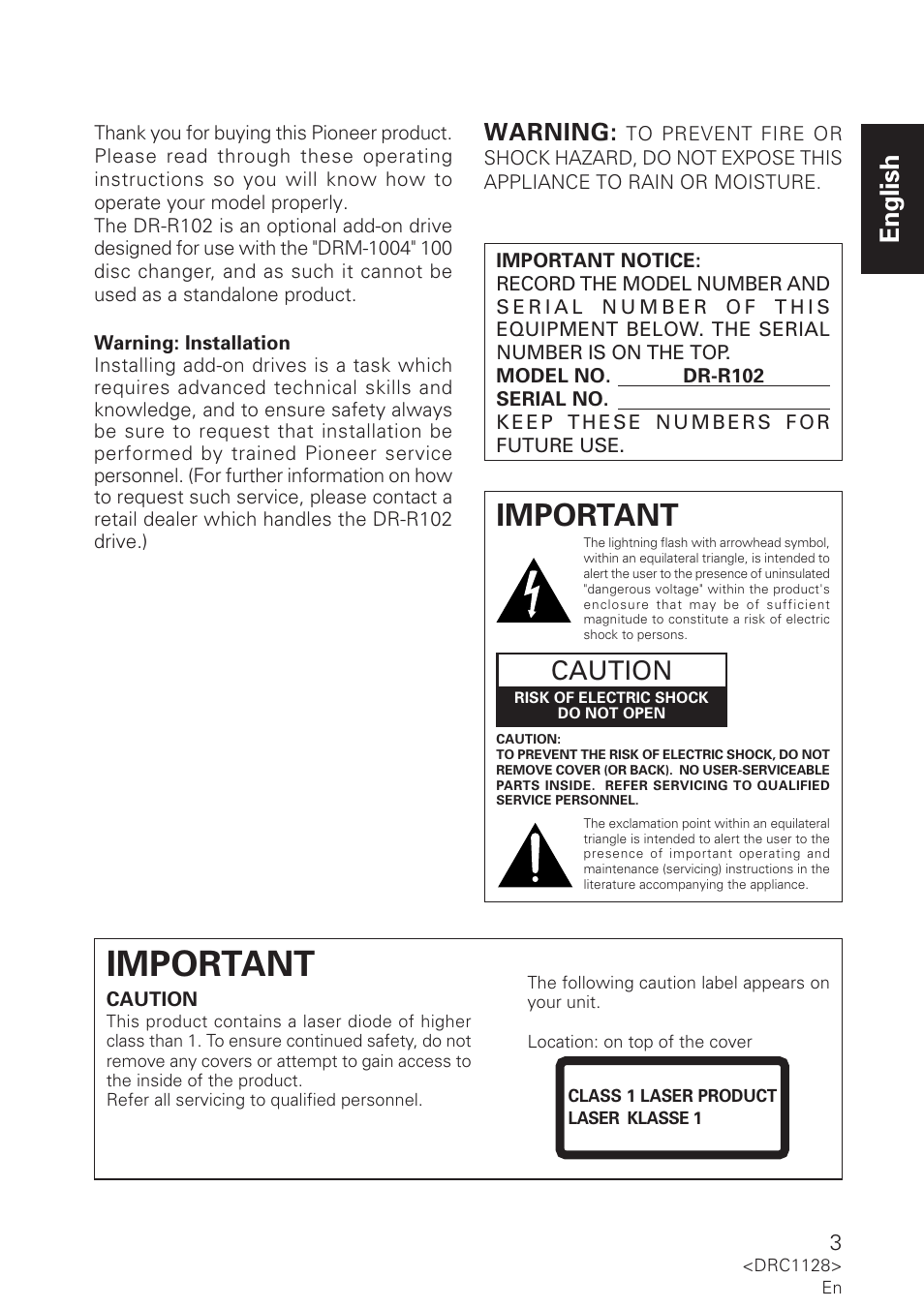 Important, English, Caution | Warning | Pioneer DR-R102 User Manual | Page 3 / 32