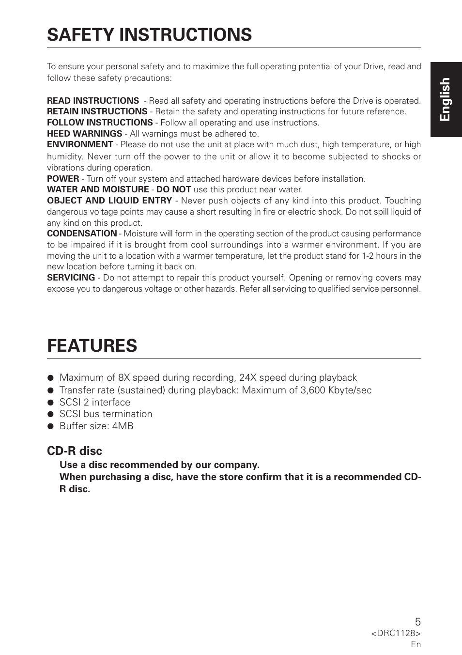 Safety instructions, Features, English | Pioneer DR-R102 User Manual | Page 5 / 32