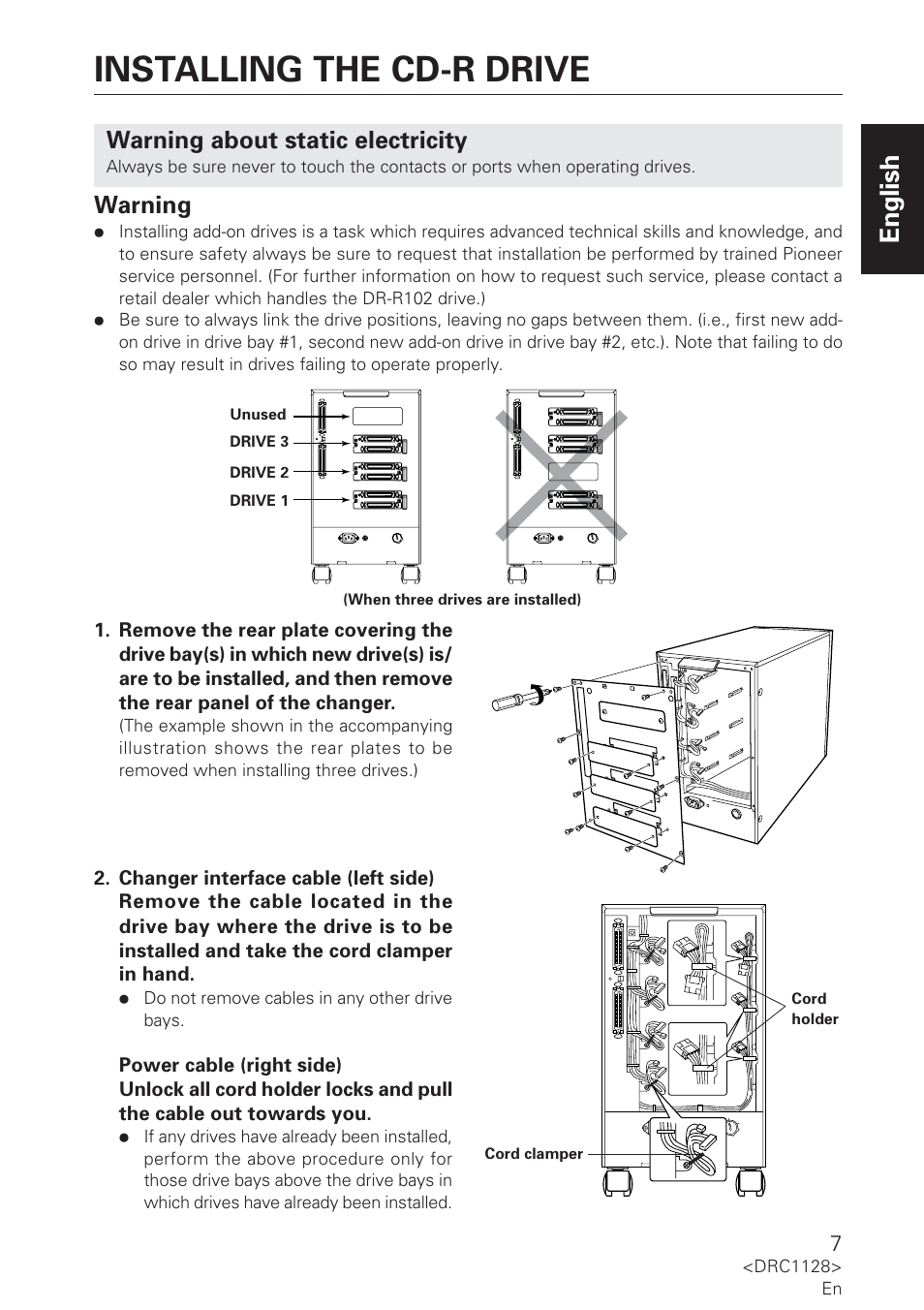 Installing the cd-r drive, English, Warning about static electricity | Warning | Pioneer DR-R102 User Manual | Page 7 / 32