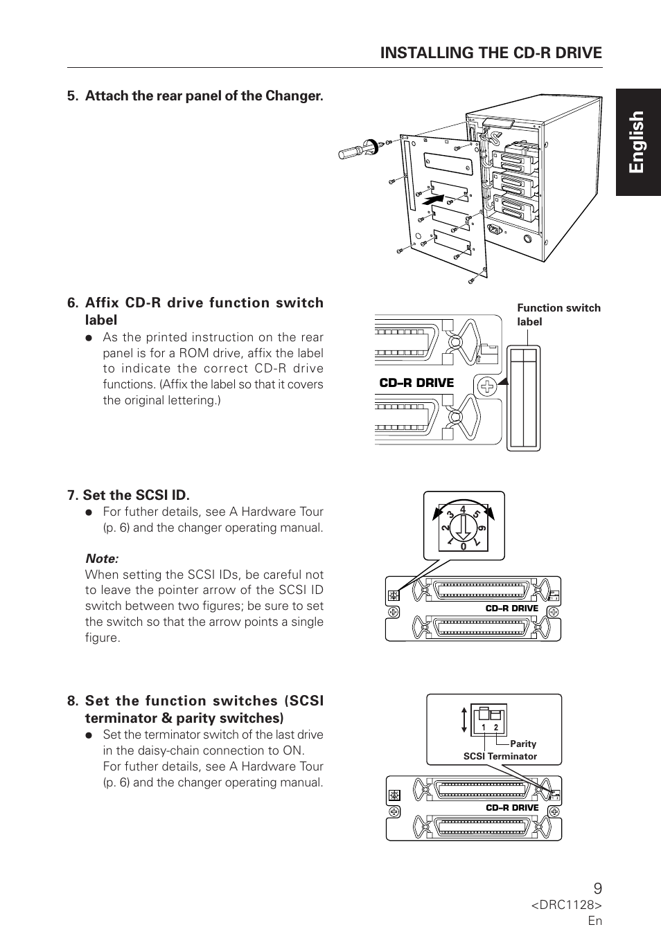 English, Installing the cd-r drive, Set the scsi id | Pioneer DR-R102 User Manual | Page 9 / 32