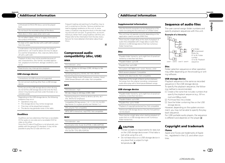Compressed audio compatibility (disc, usb), Additional information, Sequence of audio files | Copyright and trademark | Pioneer DEH-23UB User Manual | Page 10 / 36