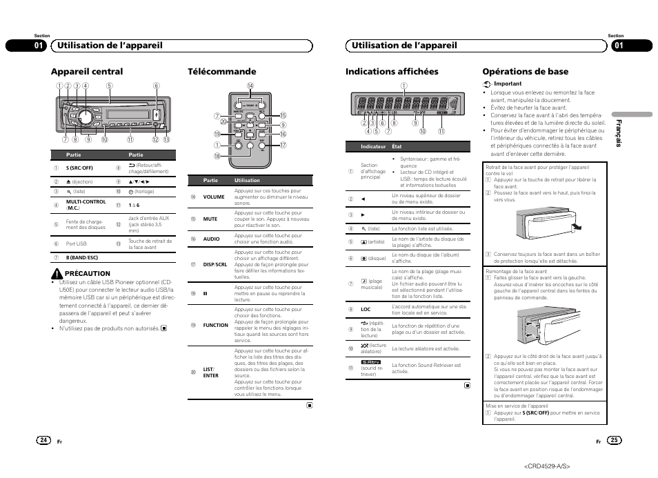 Appareil central, Télécommande, Opérations de base | 01 utilisation de l ’appareil | Pioneer DEH-23UB User Manual | Page 13 / 36