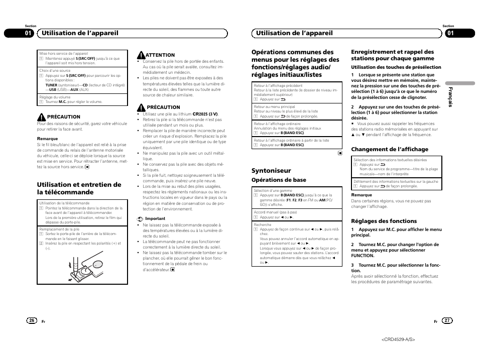 Utilisation et entretien de la télécommande, Syntoniseur, 01 utilisation de l ’appareil | Pioneer DEH-23UB User Manual | Page 14 / 36
