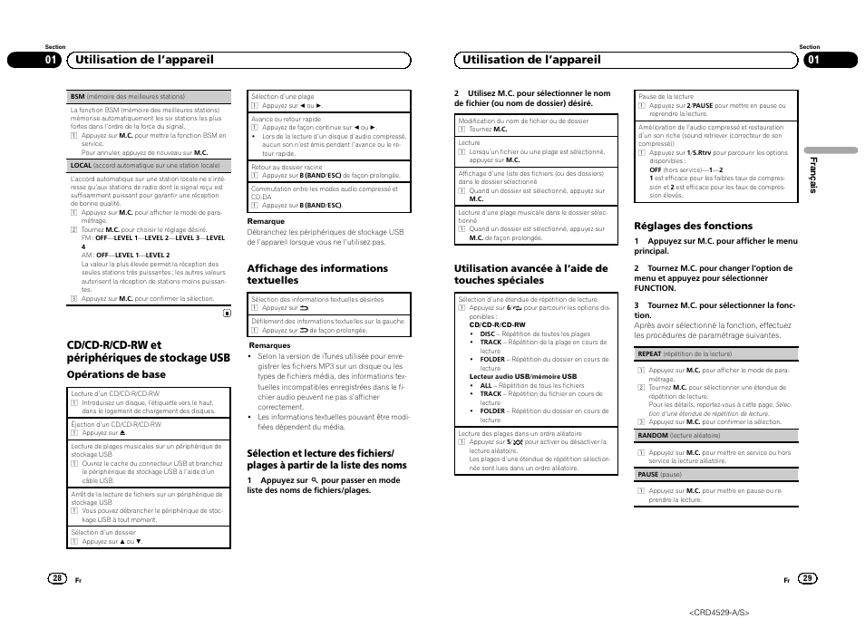 Cd/cd-r/cd-rw et périphériques de stockage usb, 01 utilisation de l ’appareil | Pioneer DEH-23UB User Manual | Page 15 / 36