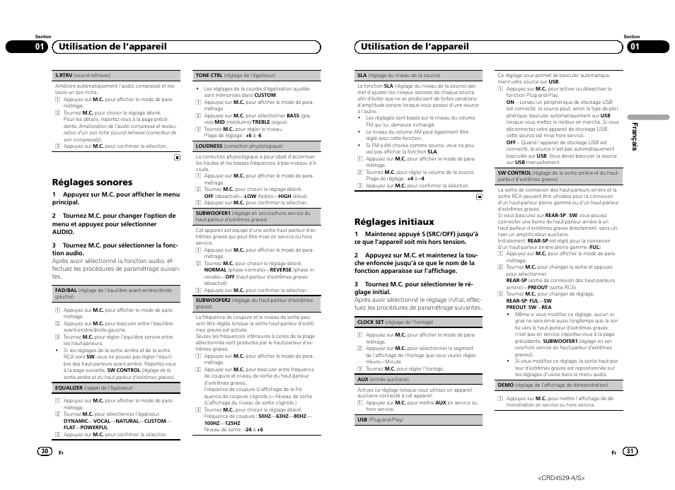 Réglages sonores, 01 utilisation de l ’appareil, Réglages initiaux | Pioneer DEH-23UB User Manual | Page 16 / 36