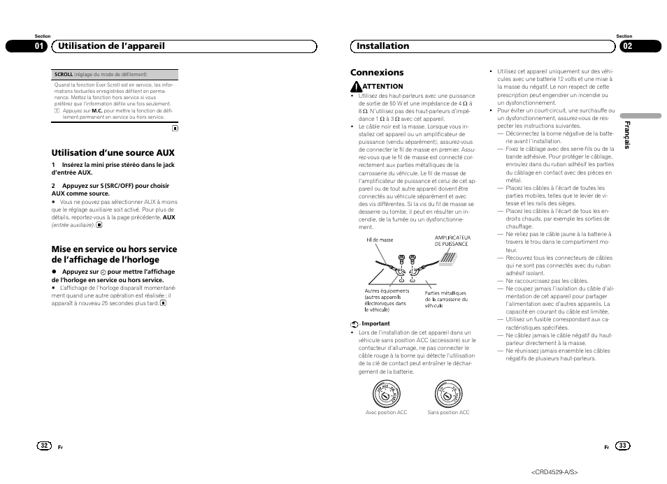 Utilisation d ’une source aux, 01 utilisation de l ’appareil connexions, 02 installation | Pioneer DEH-23UB User Manual | Page 17 / 36