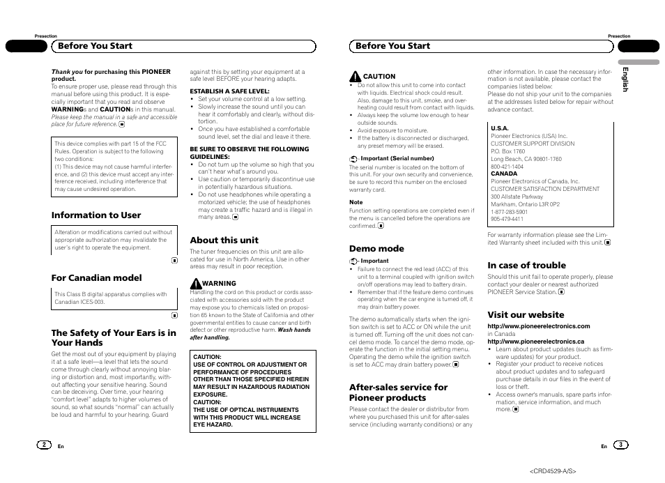 Information to user, For canadian model, The safety of your ears is in your hands | About this unit, Before you start, Demo mode, After-sales service for pioneer products, Visit our website | Pioneer DEH-23UB User Manual | Page 2 / 36