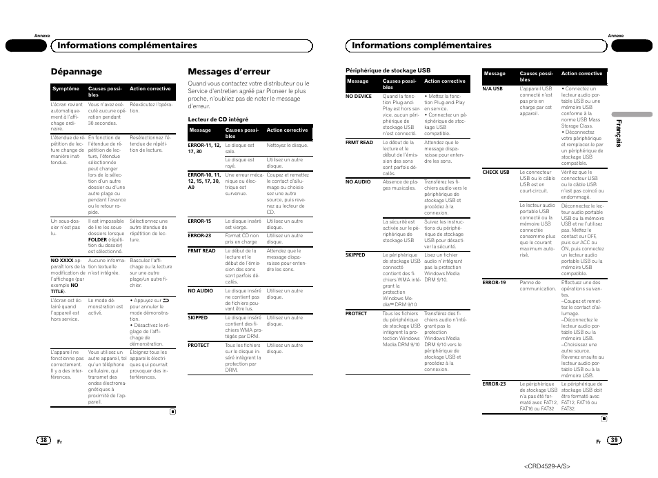 Dépannage, Messages d ’erreur, Informations complémentaires | Pioneer DEH-23UB User Manual | Page 20 / 36