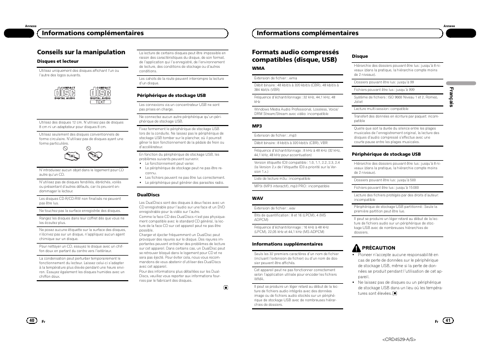 Conseils sur la manipulation, Informations complémentaires | Pioneer DEH-23UB User Manual | Page 21 / 36