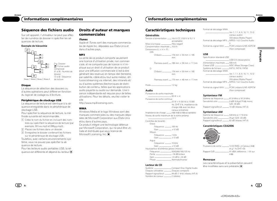 Séquence des fichiers audio, Droits d ’auteur et marques commerciales, Informations complémentaires | Pioneer DEH-23UB User Manual | Page 22 / 36