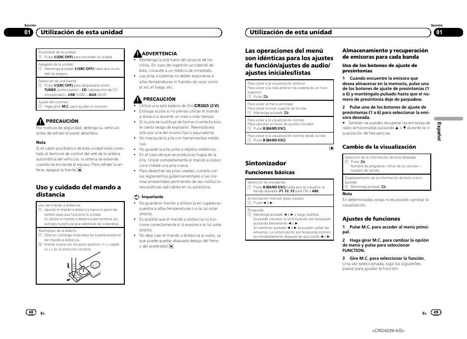 Uso y cuidado del mando a distancia, Sintonizador, 01 utilización de esta unidad | Pioneer DEH-23UB User Manual | Page 25 / 36