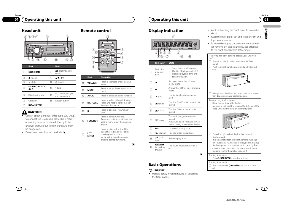 Head unit, Remote control, 01 operating this unit display indication | Basic operations, 01 operating this unit | Pioneer DEH-23UB User Manual | Page 3 / 36