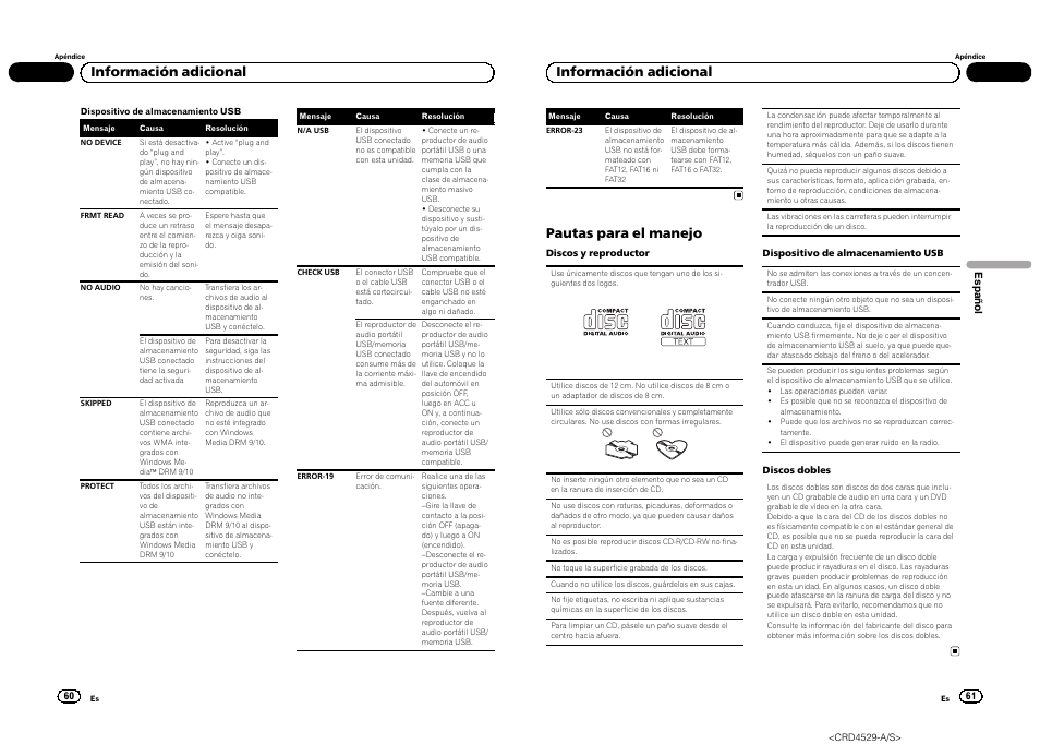 Información adicional, Pautas para el manejo | Pioneer DEH-23UB User Manual | Page 31 / 36