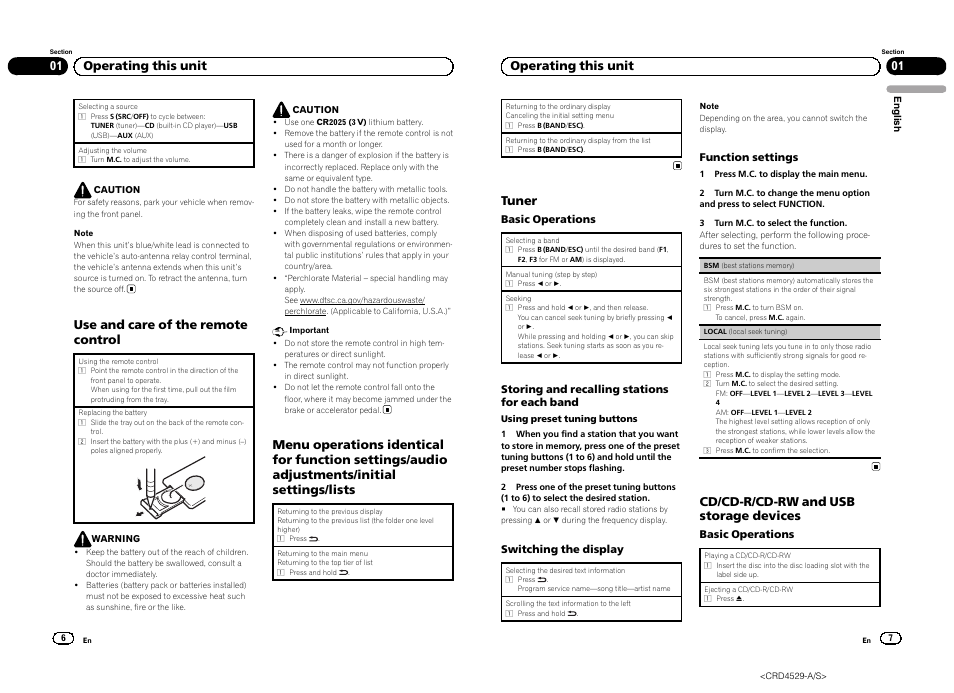 Use and care of the remote control, 01 operating this unit, Tuner | Cd/cd-r/cd-rw and usb storage devices | Pioneer DEH-23UB User Manual | Page 4 / 36
