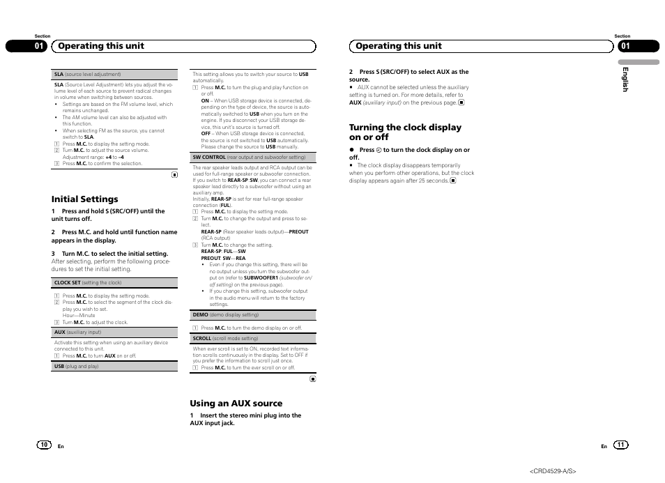 Initial settings, Using an aux source, 01 operating this unit | Turning the clock display on or off | Pioneer DEH-23UB User Manual | Page 6 / 36