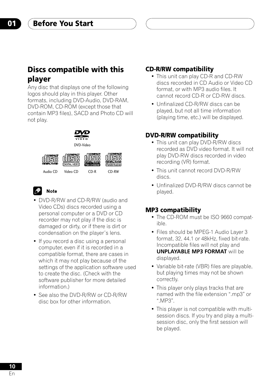 Discs compatible with this player, Before you start 01 | Pioneer DV-353 User Manual | Page 10 / 56