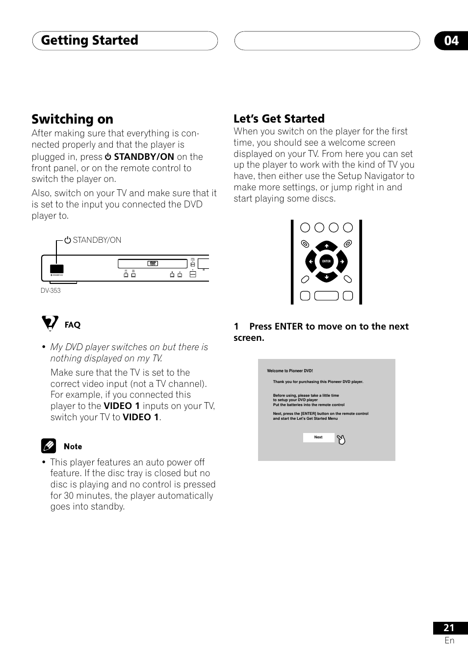 Switching on, Let’s get started, Getting started 04 | 1press enter to move on to the next screen | Pioneer DV-353 User Manual | Page 21 / 56