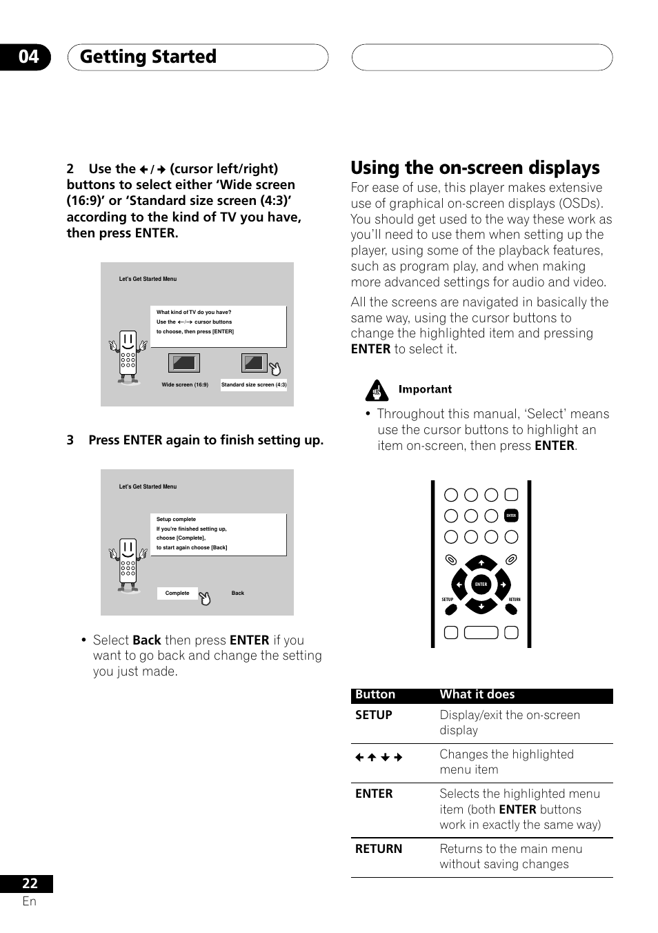 Using the on-screen displays, Getting started 04, 2use the | 3press enter again to finish setting up | Pioneer DV-353 User Manual | Page 22 / 56