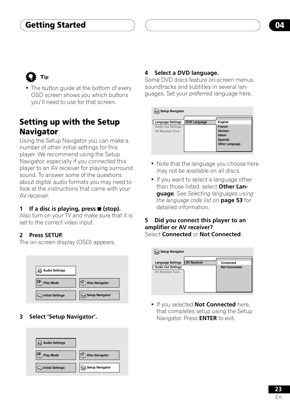 Setting up with the setup navigator, Getting started 04, 3select ‘setup navigator | Pioneer DV-353 User Manual | Page 23 / 56