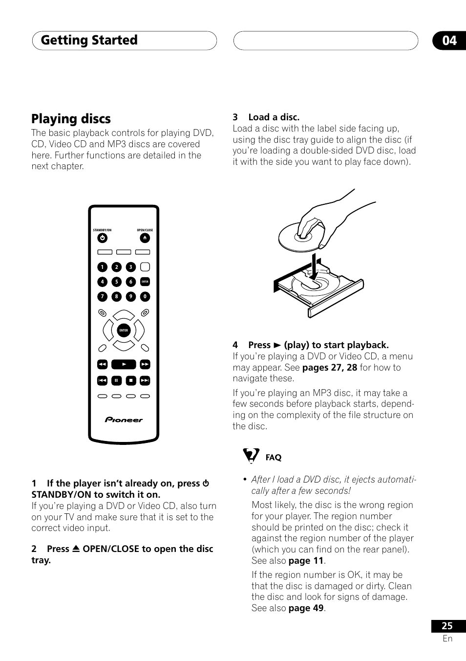 Playing discs, Getting started 04 | Pioneer DV-353 User Manual | Page 25 / 56