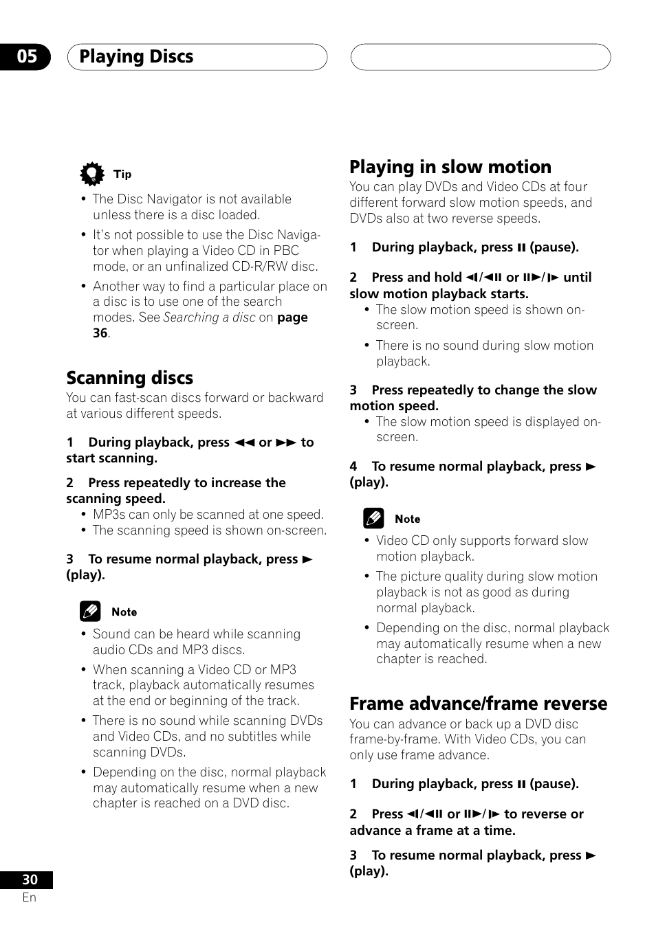 Playing discs 05, Playing in slow motion, Frame advance/frame reverse | Scanning discs | Pioneer DV-353 User Manual | Page 30 / 56