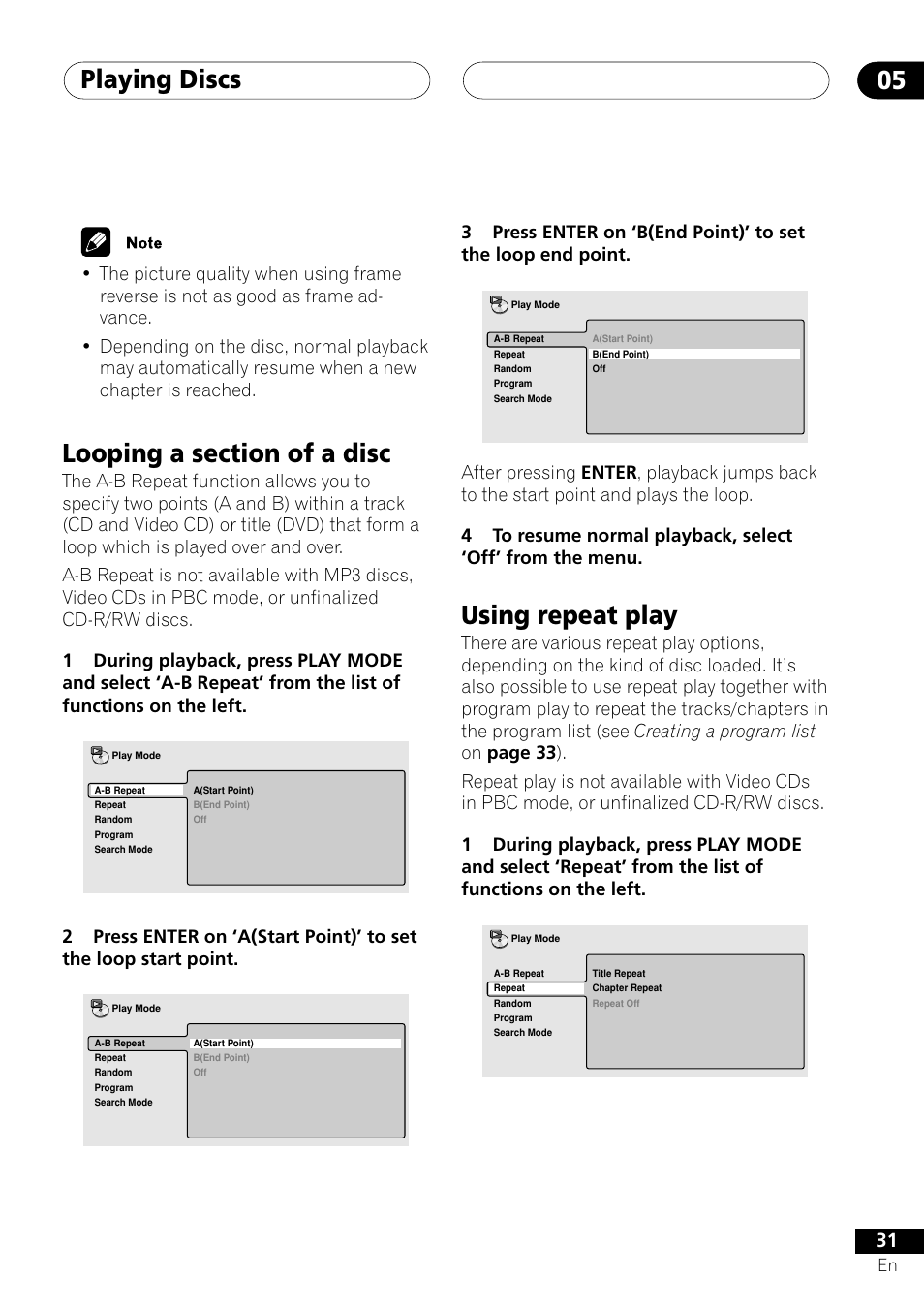 Looping a section of a disc using repeat play, Playing discs 05, Using repeat play | Pioneer DV-353 User Manual | Page 31 / 56