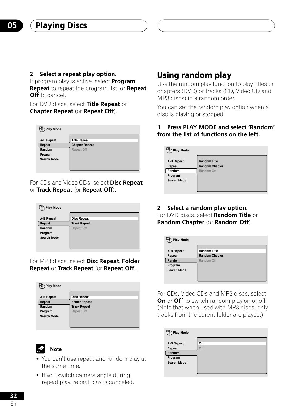 Using random play, Playing discs 05 | Pioneer DV-353 User Manual | Page 32 / 56