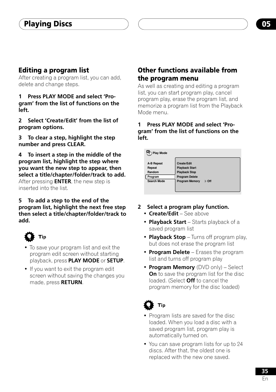 Playing discs 05, Editing a program list, Other functions available from the program menu | Pioneer DV-353 User Manual | Page 35 / 56