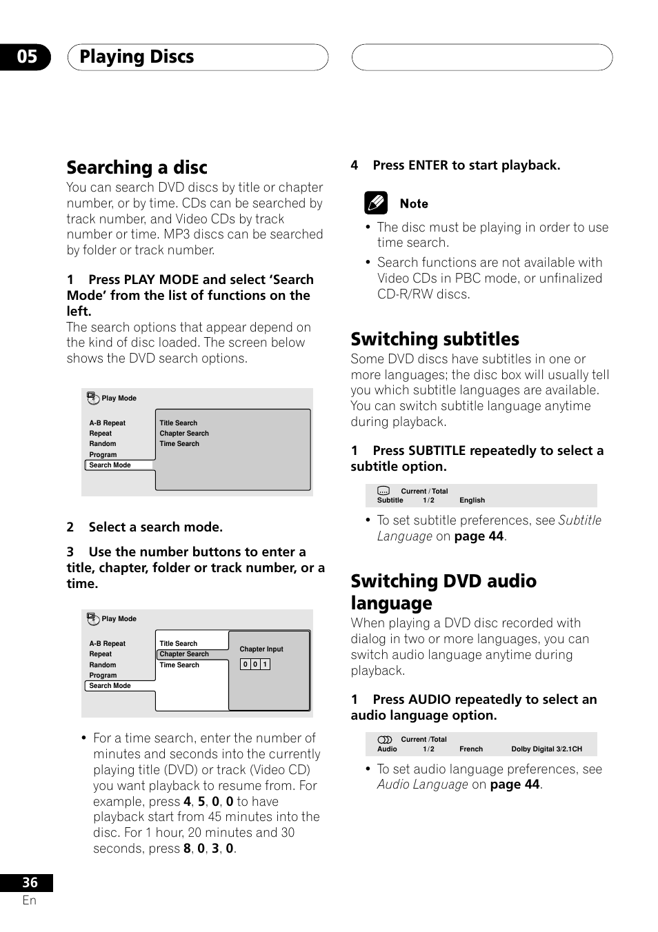 Playing discs 05, Searching a disc, Switching subtitles | Switching dvd audio language | Pioneer DV-353 User Manual | Page 36 / 56