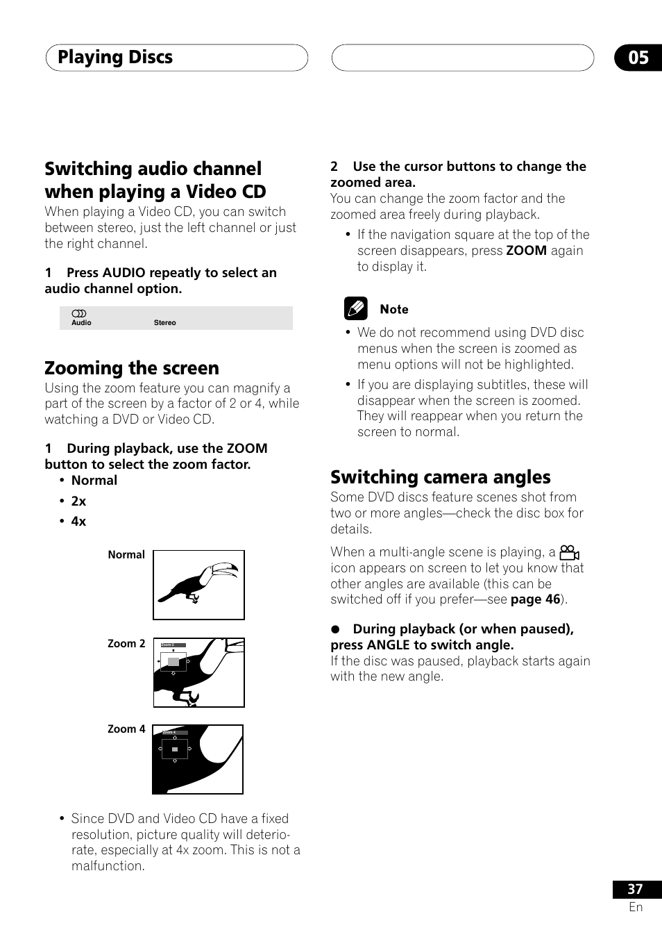 Playing discs 05, Switching audio channel when playing a video cd, Zooming the screen | Switching camera angles | Pioneer DV-353 User Manual | Page 37 / 56