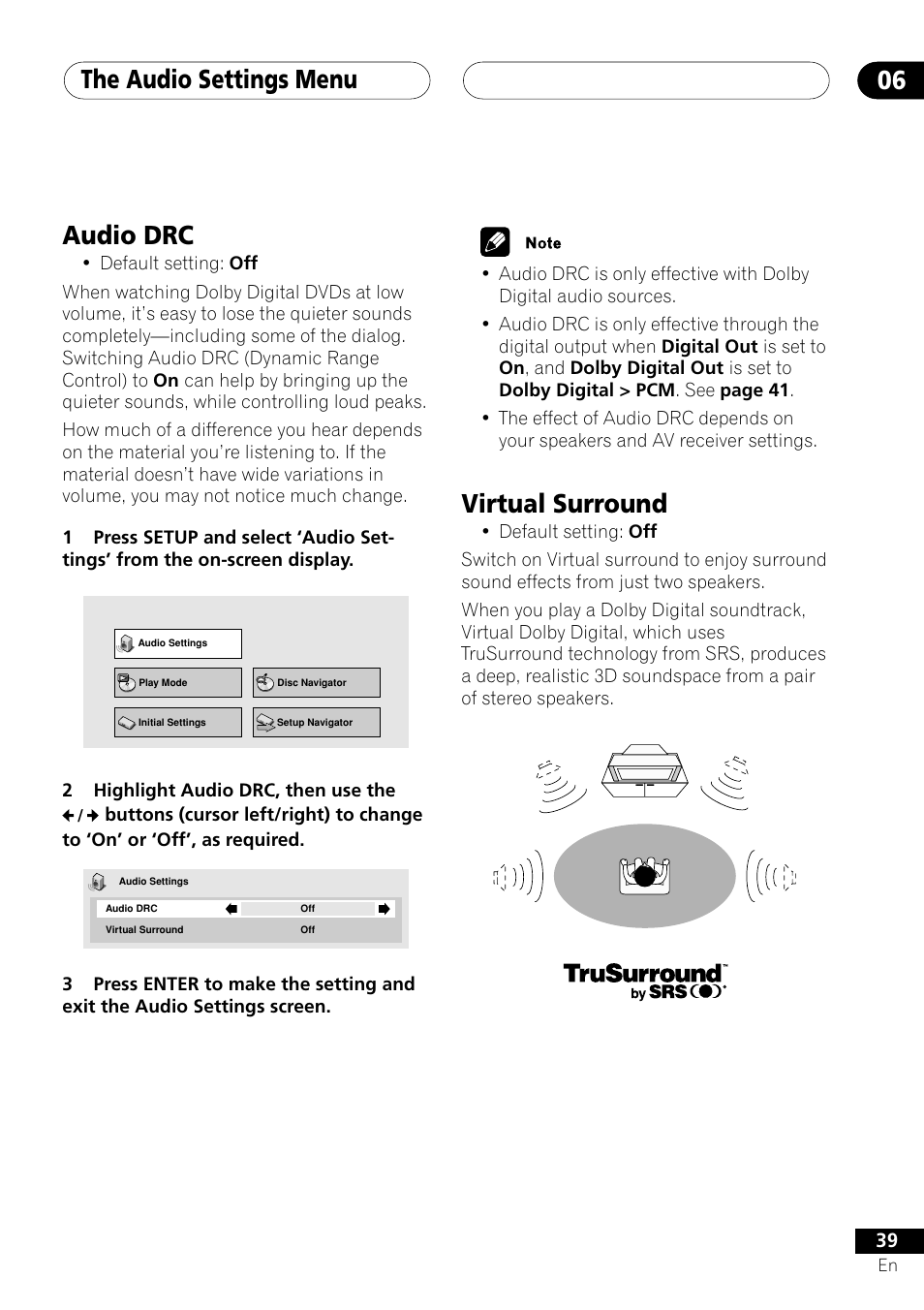 Audio drc virtual surround, The audio settings menu 06, Virtual surround | Audio drc | Pioneer DV-353 User Manual | Page 39 / 56