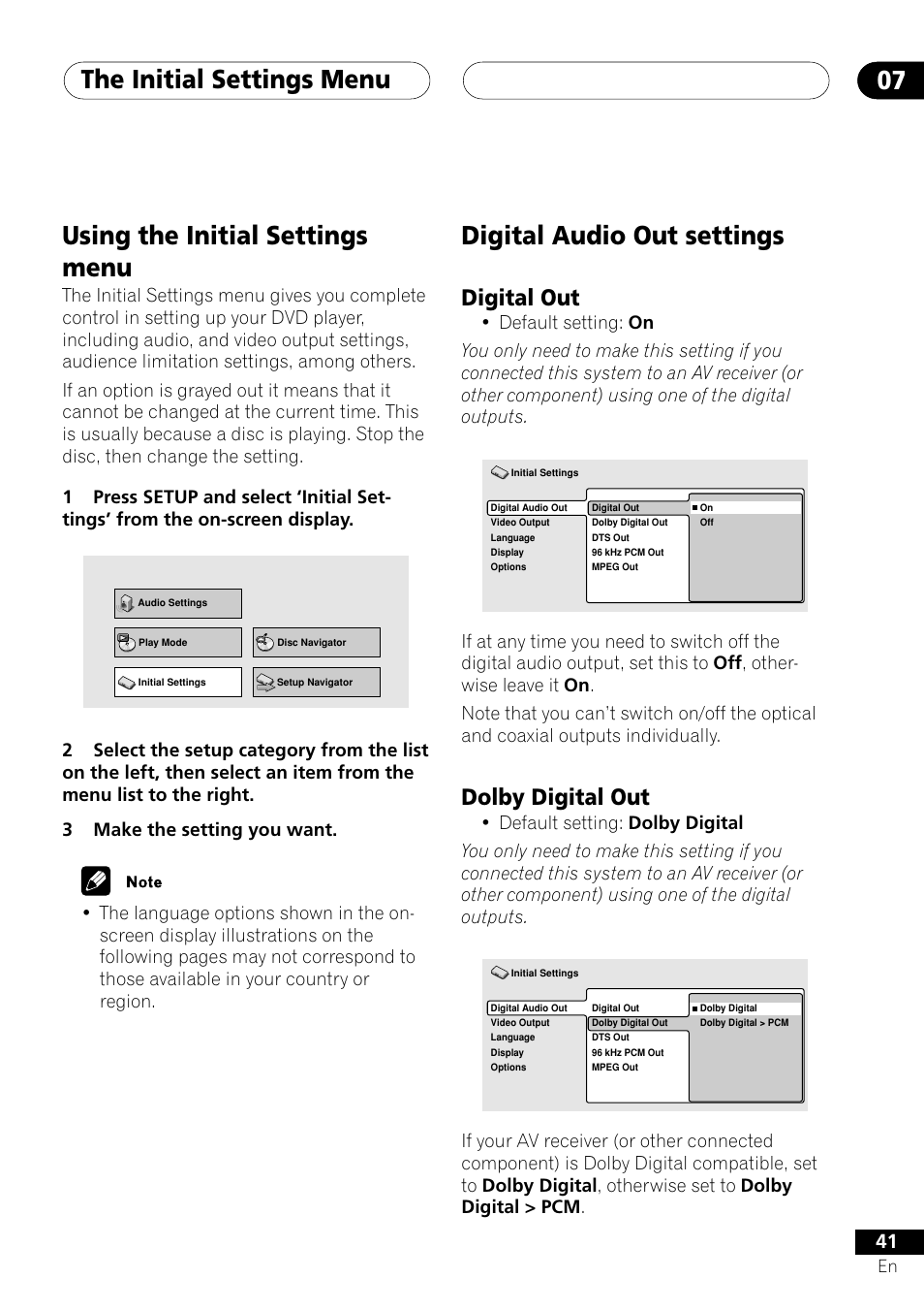 Digital out dolby digital out, The initial settings menu 07, Digital audio out settings | Using the initial settings menu, Digital out, Dolby digital out | Pioneer DV-353 User Manual | Page 41 / 56