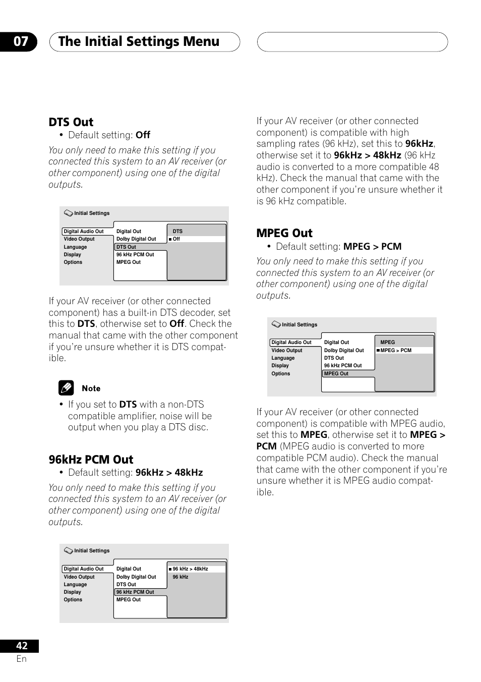 Dts out 96khz pcm out mpeg out, The initial settings menu 07, Mpeg out | Dts out, 96khz pcm out | Pioneer DV-353 User Manual | Page 42 / 56