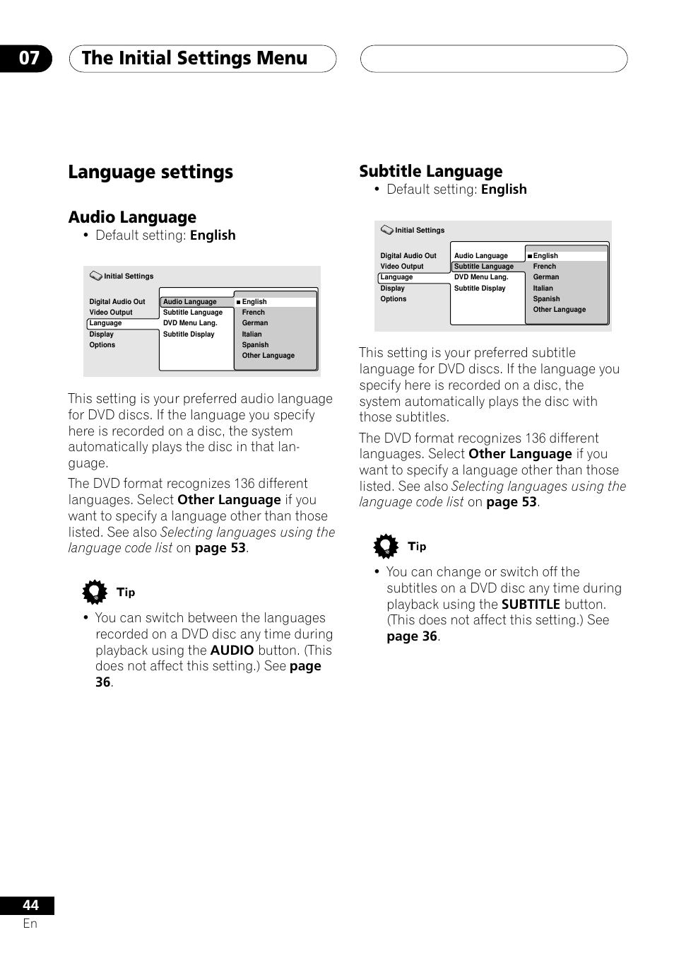 Language settings, Audio language subtitle language, The initial settings menu 07 | Subtitle language, Audio language, Default setting: english | Pioneer DV-353 User Manual | Page 44 / 56