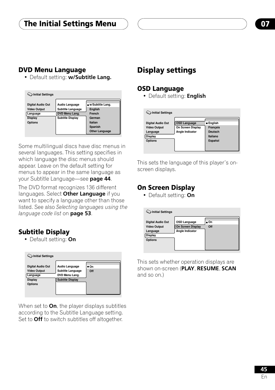 Dvd menu language subtitle display, Display settings, Osd language on screen display | The initial settings menu 07, Osd language, On screen display, Dvd menu language, Subtitle display, Default setting: english, Default setting: on | Pioneer DV-353 User Manual | Page 45 / 56