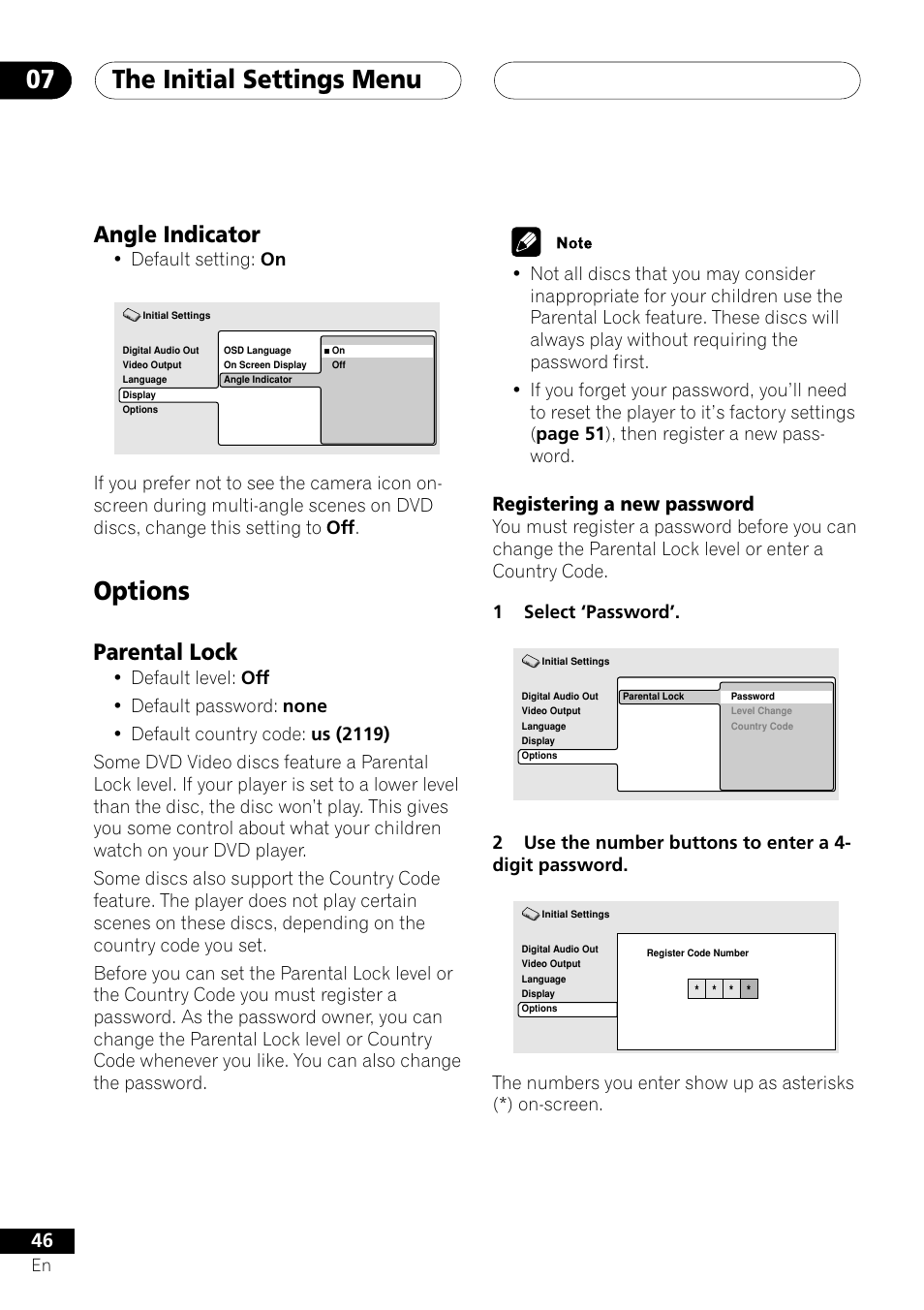 Angle indicator, Options, Parental lock | Registering a new password, The initial settings menu 07, Default setting: on | Pioneer DV-353 User Manual | Page 46 / 56