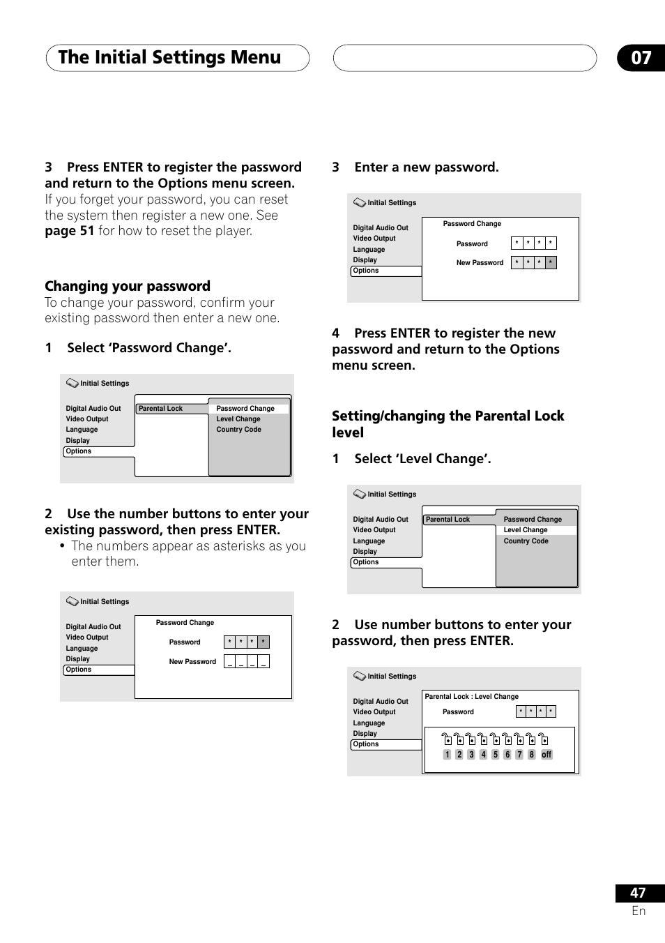 The initial settings menu 07, Changing your password, Setting/changing the parental lock level | 3enter a new password, 1select ‘level change | Pioneer DV-353 User Manual | Page 47 / 56