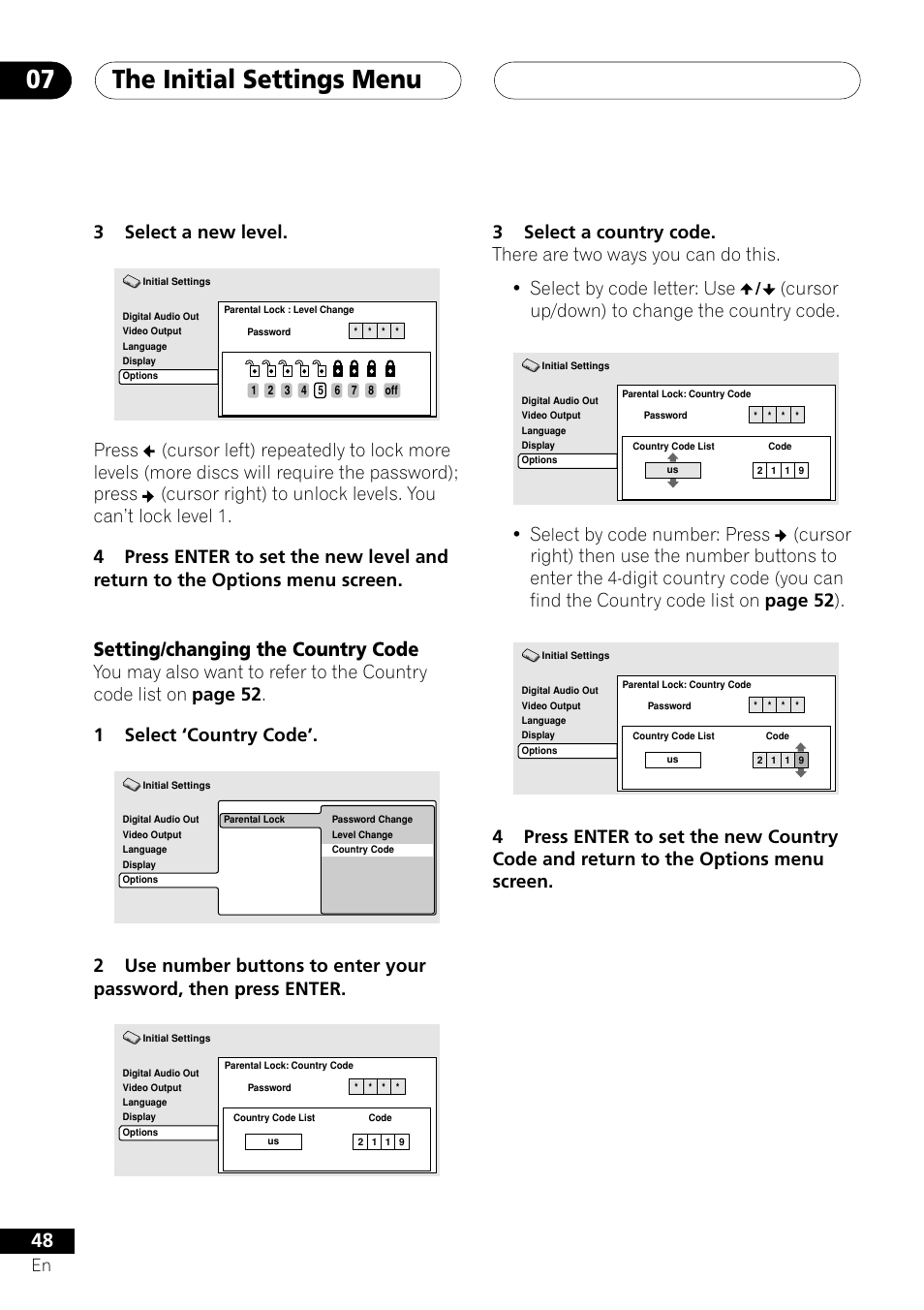 Setting/changing the country code, The initial settings menu 07, 3select a new level | Cursor up/down) to change the country code | Pioneer DV-353 User Manual | Page 48 / 56
